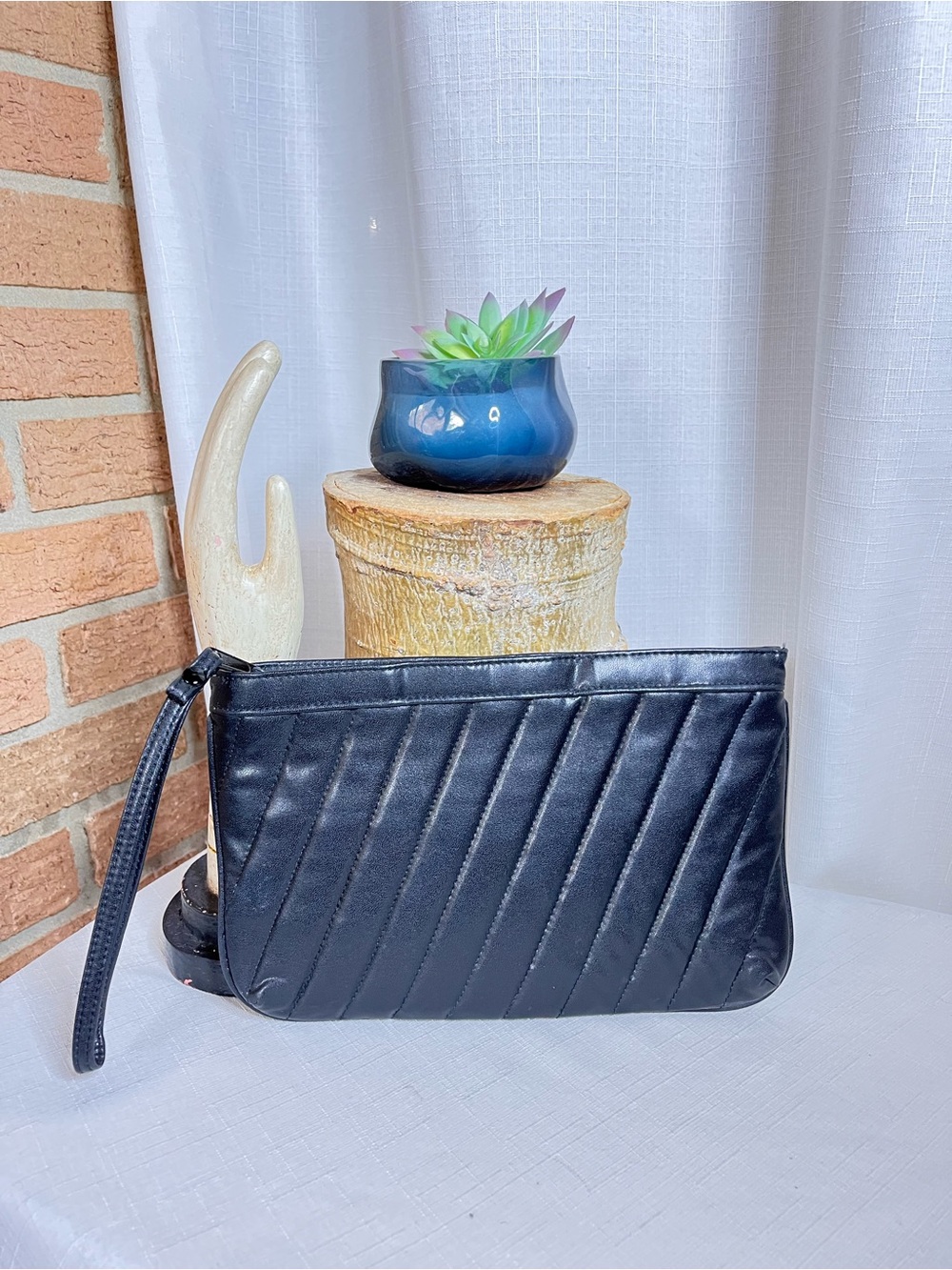 Black Vegan Leather Quilted Clutch Wristlet | Diagonal Stitch | Zip Top